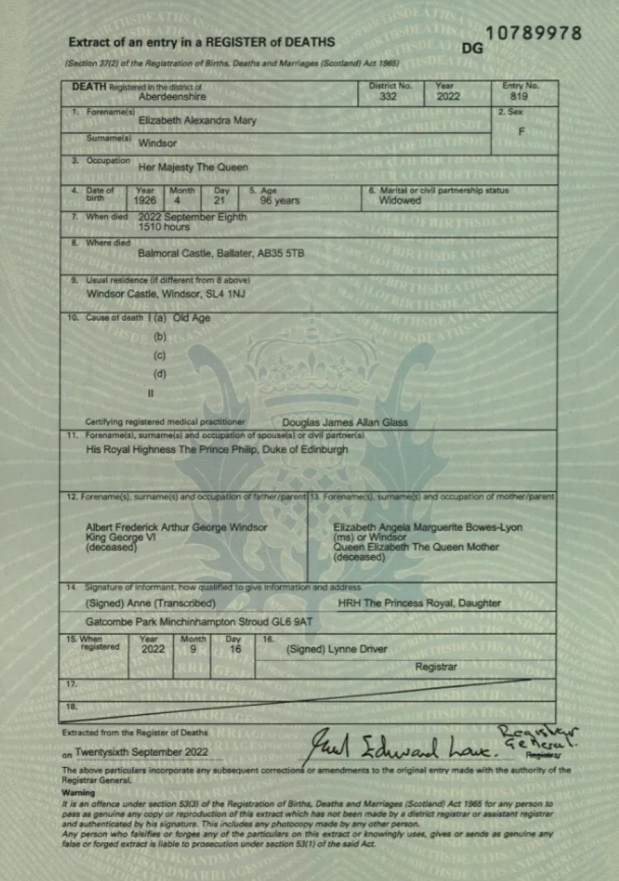 «Old age» το αίτιο θανάτου της Ελισάβετ - Δείτε το πιστοποιητικό