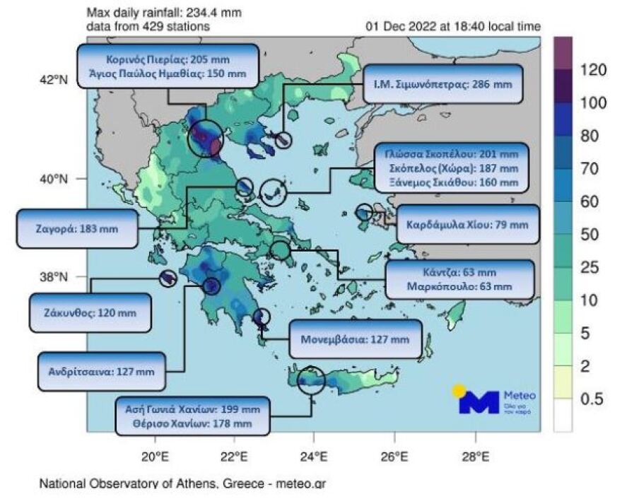 Κακοκαιρία Άριελ: Σε Πιερία, Σκόπελο και Άγιο Όρος τα μεγαλύτερα ύψη βροχής