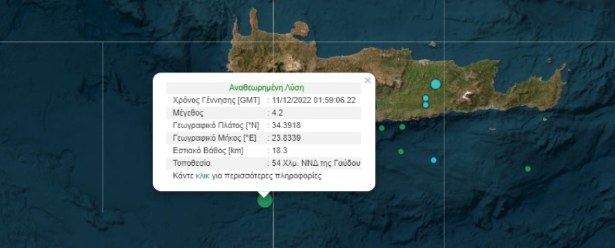 Σεισμός 4,2 Ρίχτερ νοτιοδυτικά της Γαύδου