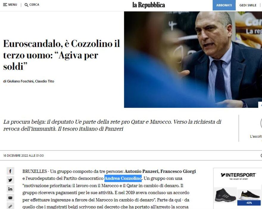 Κατάρ-gate - La Repubblica: Ψάχνουν και Ιταλό ευρωβουλευτή για το σκάνδαλο διαφθοράς