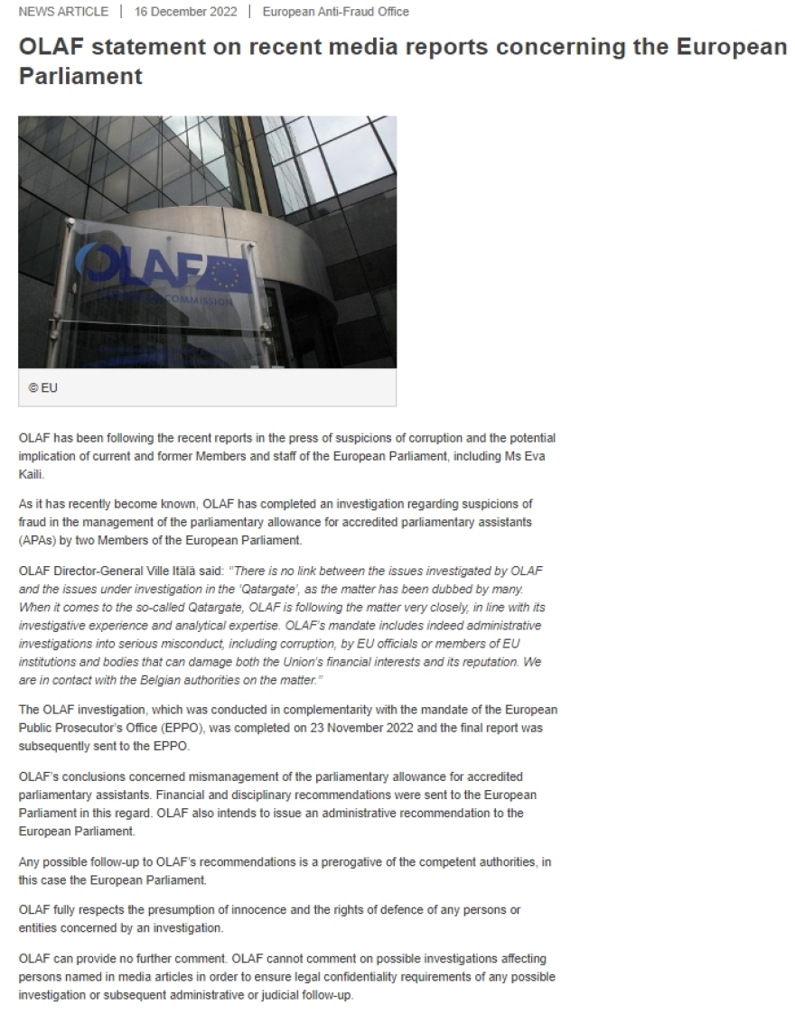 OLAF: Παρακολουθούμε στενά το «Qatargate», δεν σχετίζονται οι έρευνες για τους ευρωβουλευτές