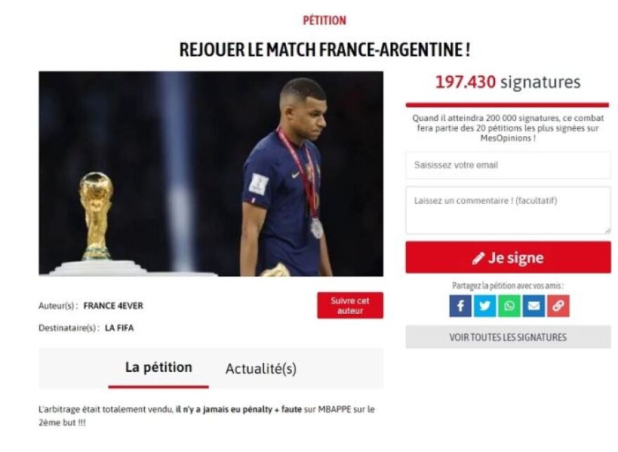 Μουντιάλ 2022: Μαζεύουν υπογραφές για να επαναληφθεί ο τελικός του Παγκοσμίου Κυπέλλου