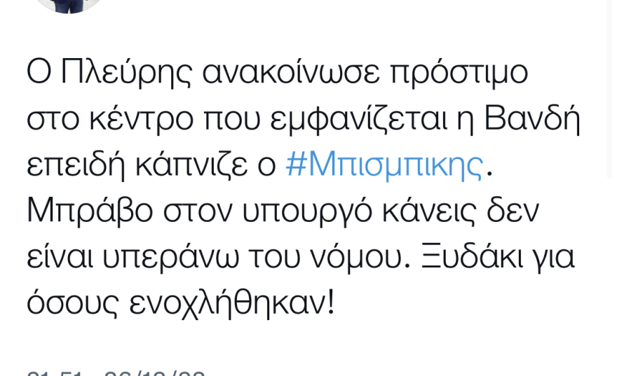 Στα 6.000 ευρώ το πρόστιμο στο μαγαζί και 100 στον Μπισμπίκη για το τσιγάρο