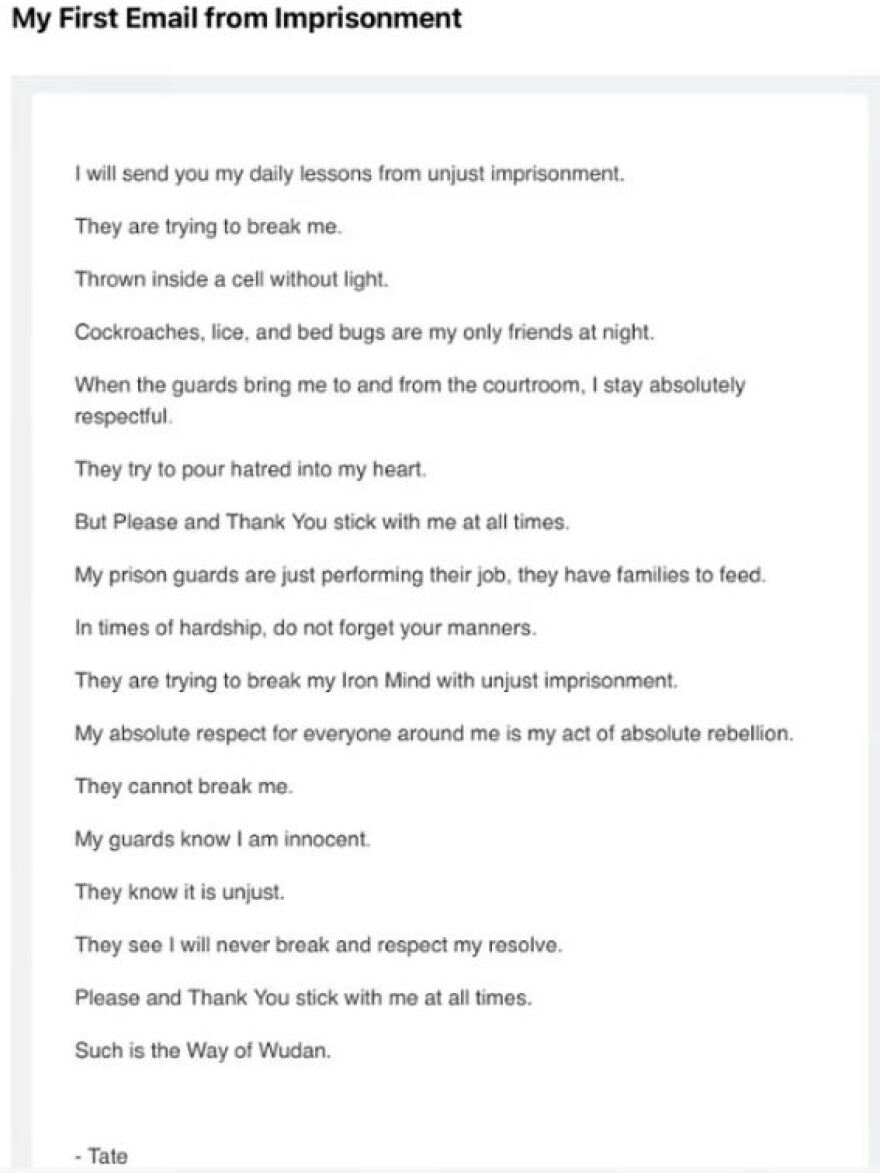 Άντριου Τέιτ: Παράπονα για τη φυλακή - «Μόνη συντροφιά μου οι κατσαρίδες, οι ψείρες και οι κοριοί»