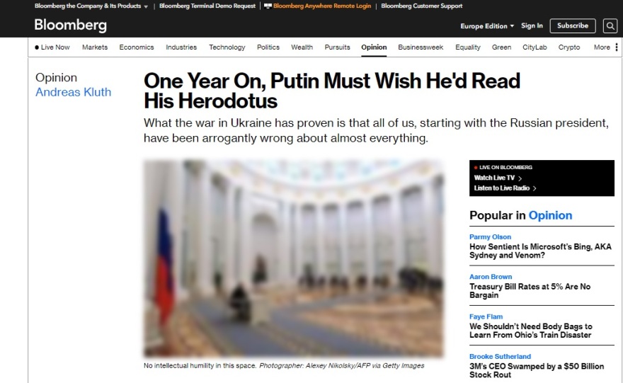 Πόλεμος στην Ουκρανία - Bloomberg: Ο Πούτιν θα ευχόταν να είχε διαβάσει Ηρόδοτο πριν εισβάλει στην Ουκρανία