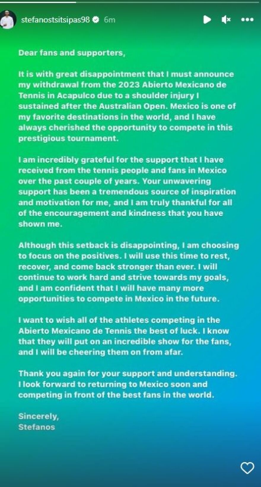 Στέφανος Τσιτσιπάς: Δεν πάει Ακαπούλκο λόγω τραυματισμού στον ώμο 