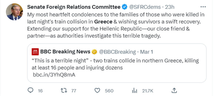 Σύγκρουση τρένων στη Λάρισα: Μηνύματα ηγετών από όλο τον κόσμο για την τραγωδία