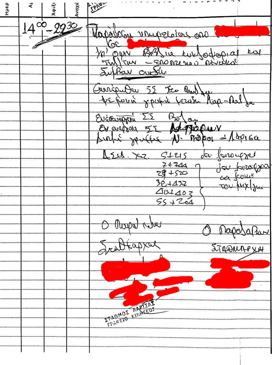 Σύγκρουση τρένων στα Τέμπη: «Διόρθωσαν» με μπλάνκο την ώρα αναχώρησης των δύο σταθμαρχών