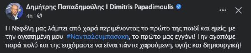 Παπαδημούλης: Για πρώτη φορά παππούς, έγκυος η κόρη του Νεφέλη