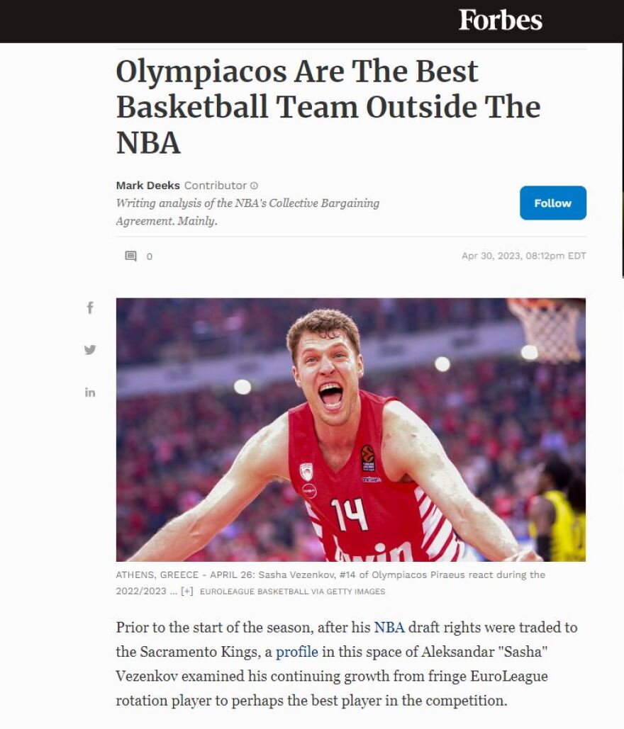 Forbes: «Ο Ολυμπιακός είναι η καλύτερη ομάδα μπάσκετ εκτός ΝΒΑ»