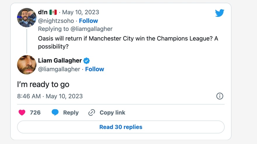 Οι Oasis είπαν ότι θα επιστρέψουν αν η Μάντσεστερ Σίτι κατακτήσει το Champions League