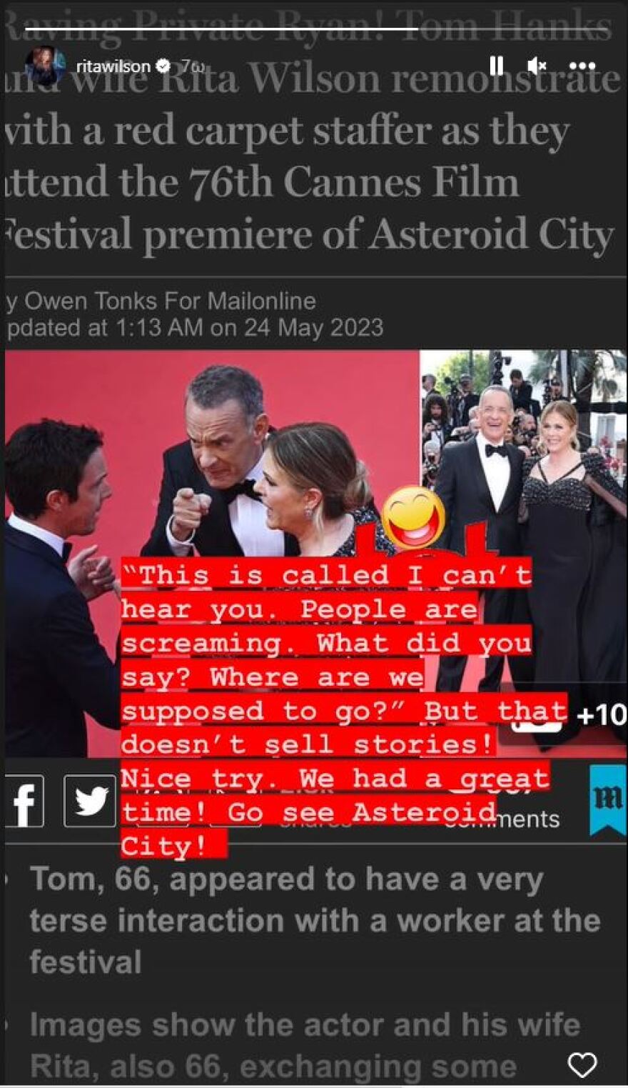 Κάννες: Ο Τομ Χανκς υψώνει το δάχτυλο σε υπάλληλο του φεστιβάλ - Η Ρίτα Γουίλσον εξηγεί τι συνέβη