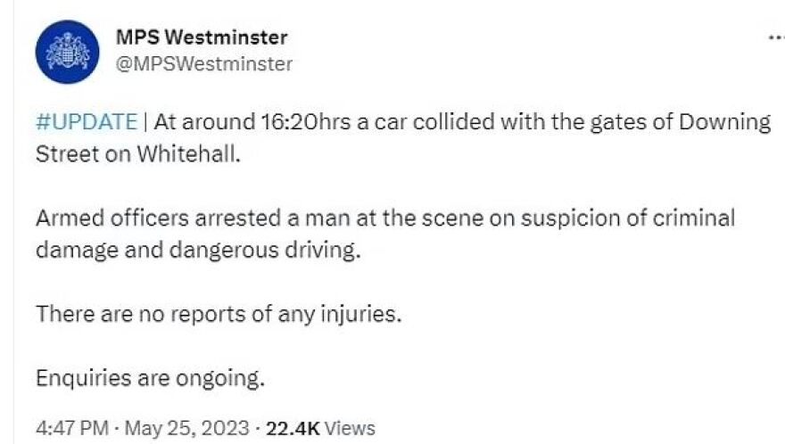 Βρετανία: Αυτοκίνητο προσέκρουσε στην πύλη της Ντάουνινγκ Στριτ