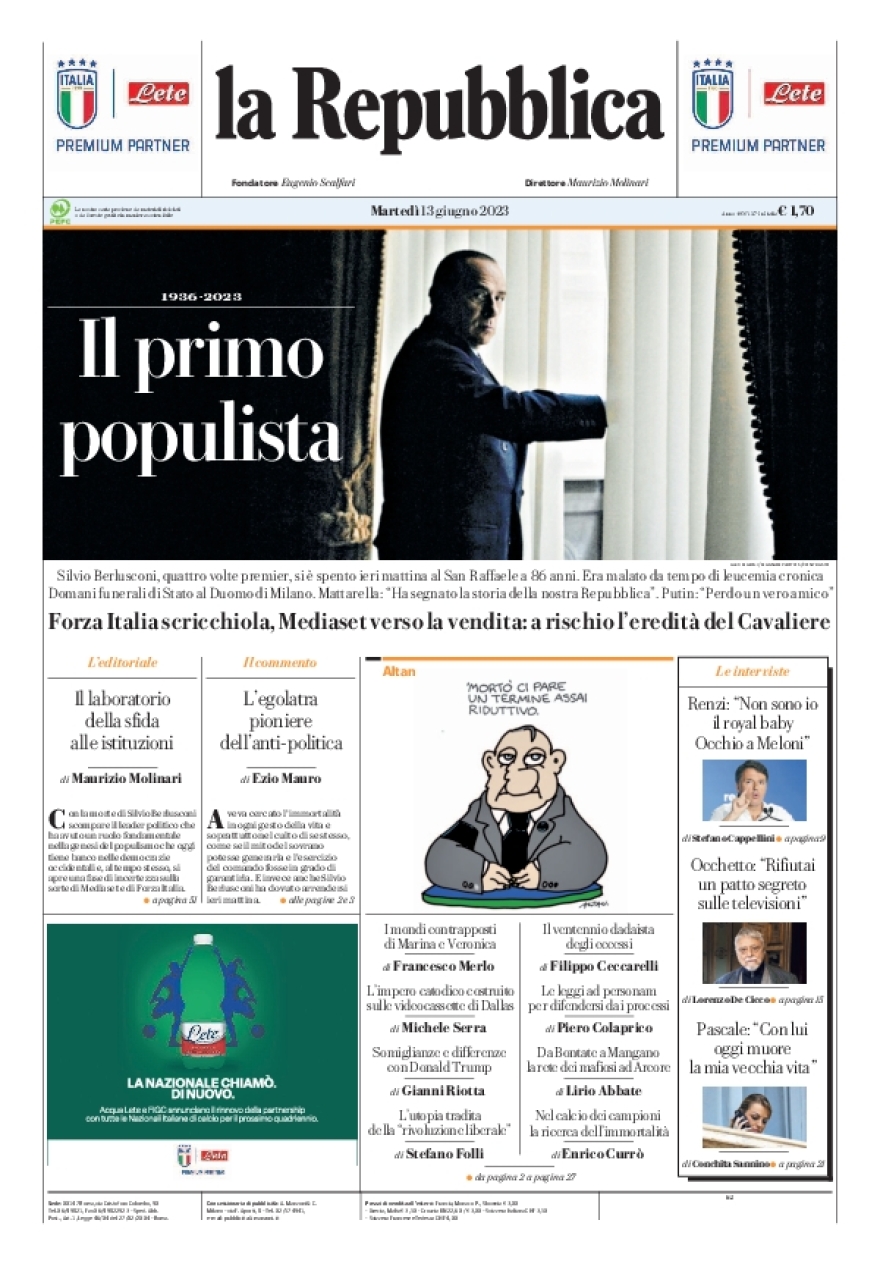 La Repubblica: Πένθος για τον θάνατο του Μπερλουσκόνι - Οι εργασίες του κοινοβουλίου θα σταματήσουν για μία εβδομάδα