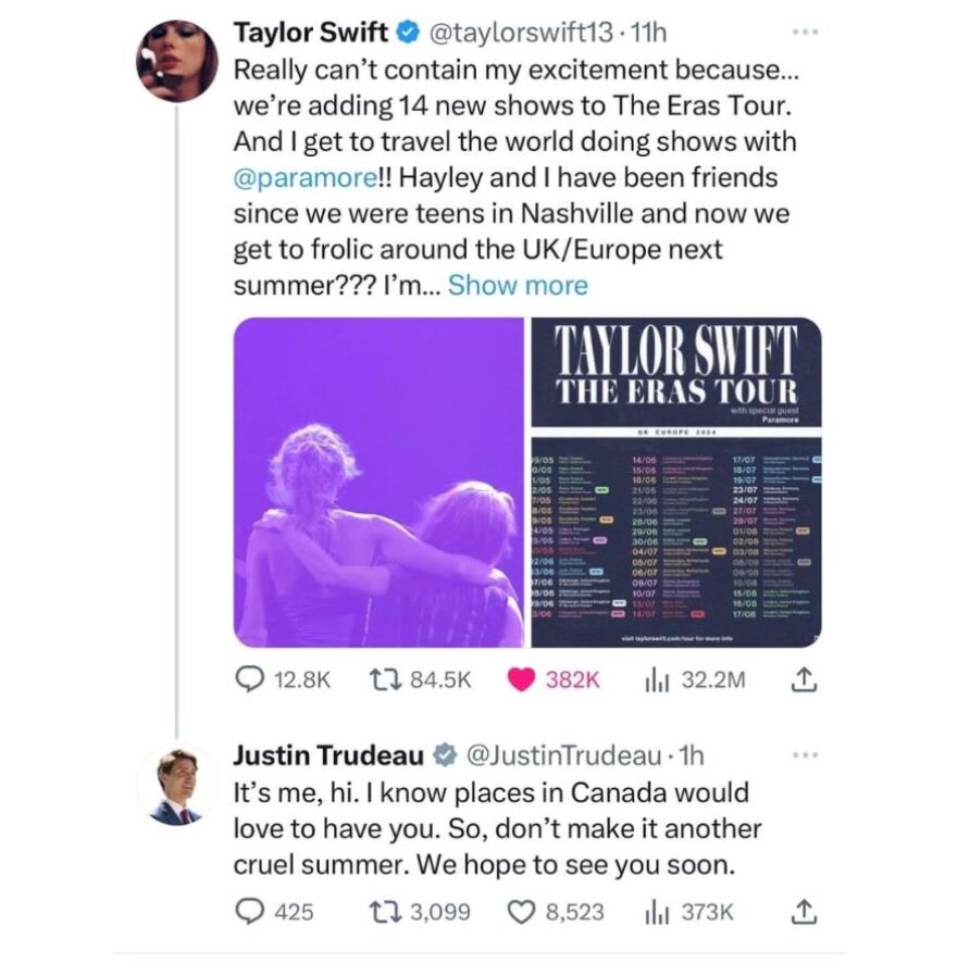 Τέιλορ Σουίφτ: Ο πρωθυπουργός Τριντό της ζητά να συμπεριλάβει τον Καναδά στην παγκόσμια περιοδεία της 