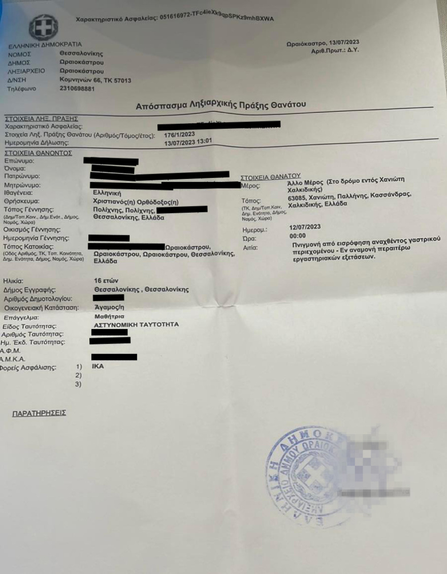 Χαλκιδική: Από εισρόφηση πέθανε η 16χρονη, δείχνει η ιατροδικαστική έκθεση 