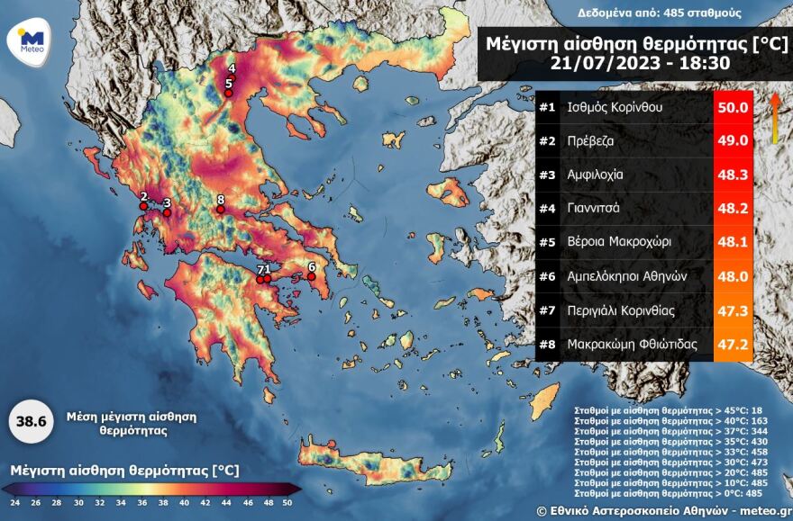 Καύσωνας: 50°C η αισθητή θερμοκρασία στον Ισθμό Κορίνθου - Πάνω από 40°C σε 41 σημεία