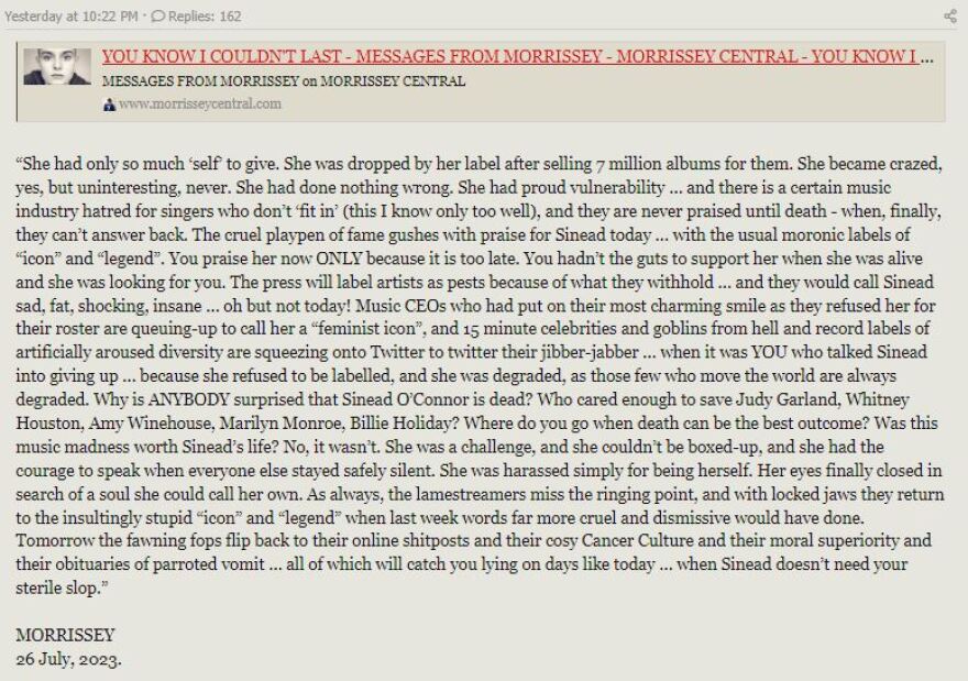 Morrissey για Σινέντ Ο'Κόνορ: «Δεν είχατε τα κότσια να την υποστηρίξετε όταν ήταν ζωντανή»