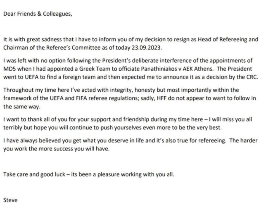 Μπένετ - ΕΠΟ: Παραιτήθηκε ο Άγγλος Αρχιδιαιτητής