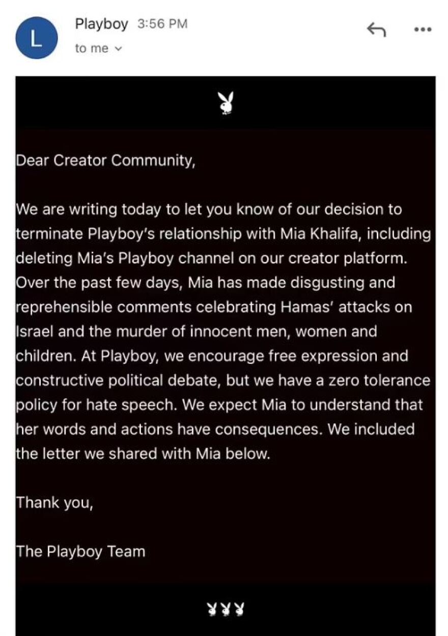 Μία Καλίφα: Το Playboy διέκοψε τη συνεργασία μαζί της για την υποστήριξη στη Χαμάς - «Αηδιαστικά και καταδικαστέα σχόλια»