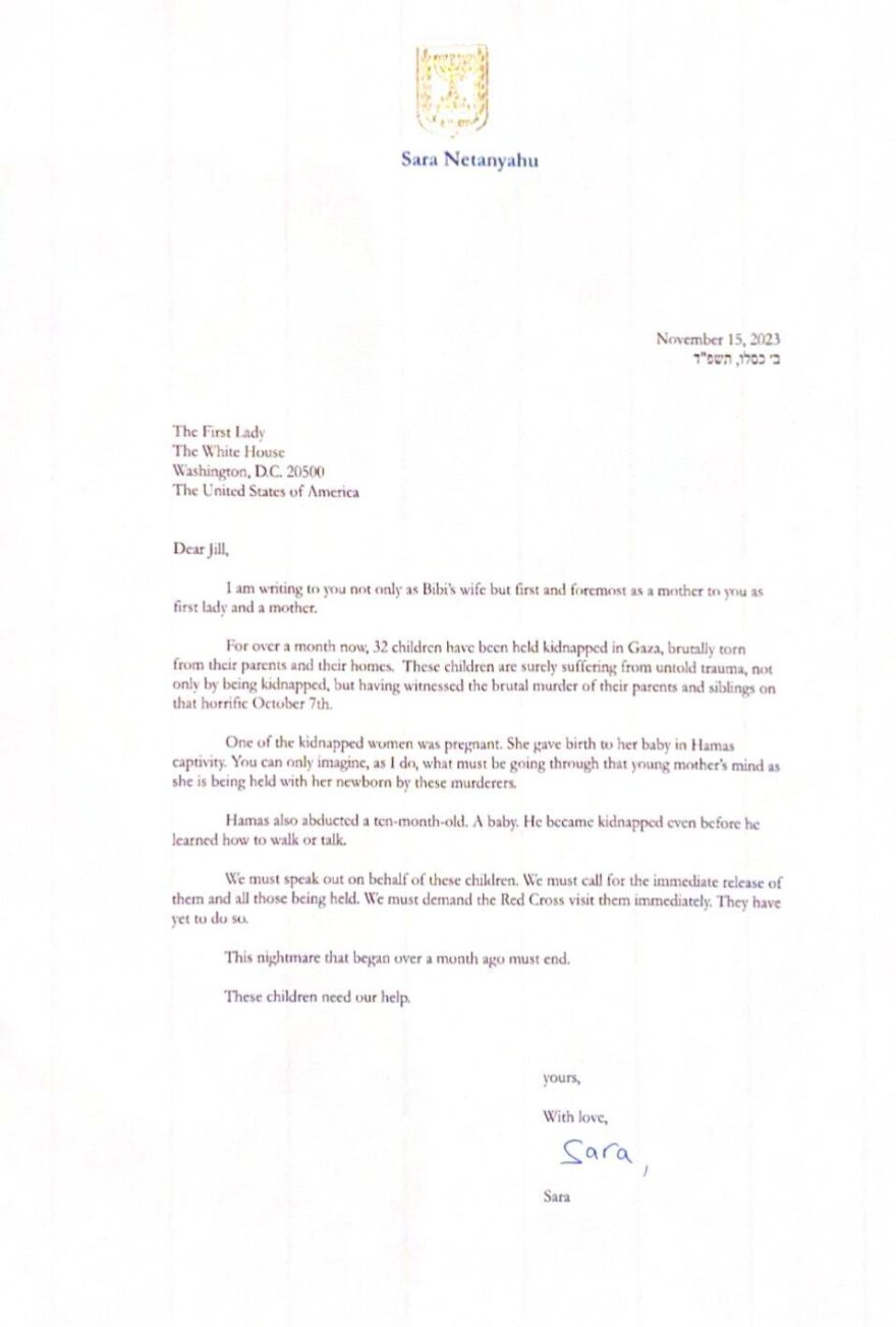 Επιστολή της συζύγου Νετανιάχου στη Τζιλ Μπάιντεν: Μια όμηρος γέννησε το παιδί της στα τούνελ της Χαμάς