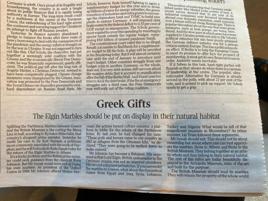 Υπέρ της επιστροφής των Γλυπτών οι Times: «Πρέπει να εκτεθούν στο φυσικό τους μέρος»