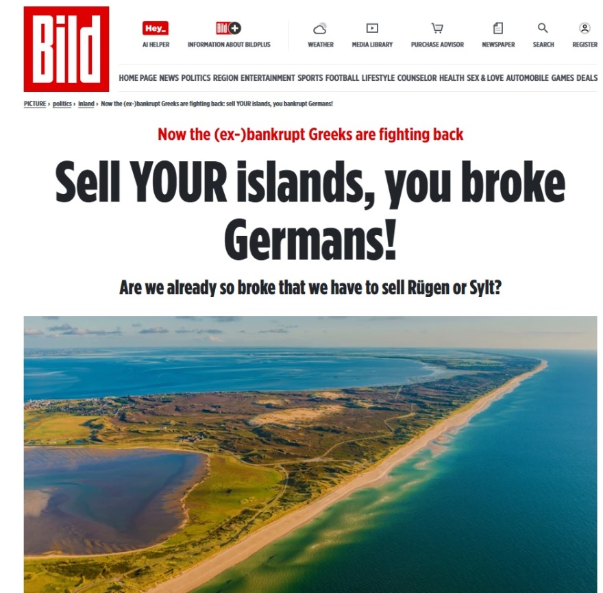Bild: «Χρεοκοπημένοι Γερμανοί πουλήστε τα νησιά σας - Οι Έλληνες αντεπιτίθενται»