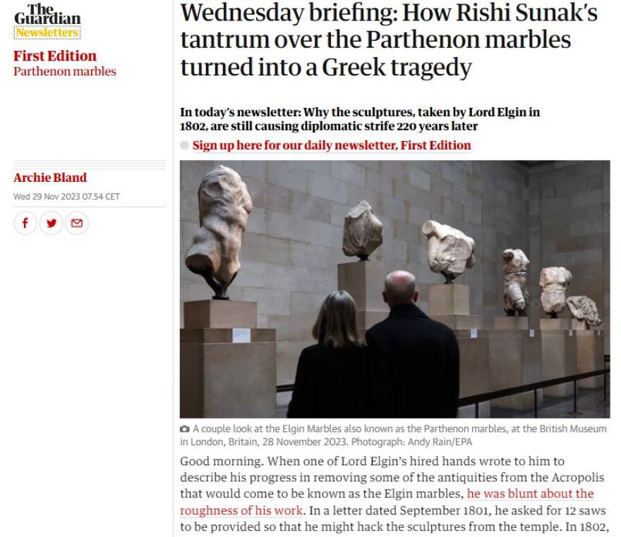 Guardian για την «Ελληνική τραγωδία» του Σούνακ: Θα αλλάξει η μοίρα των Γλυπτών του Παρθενώνα;