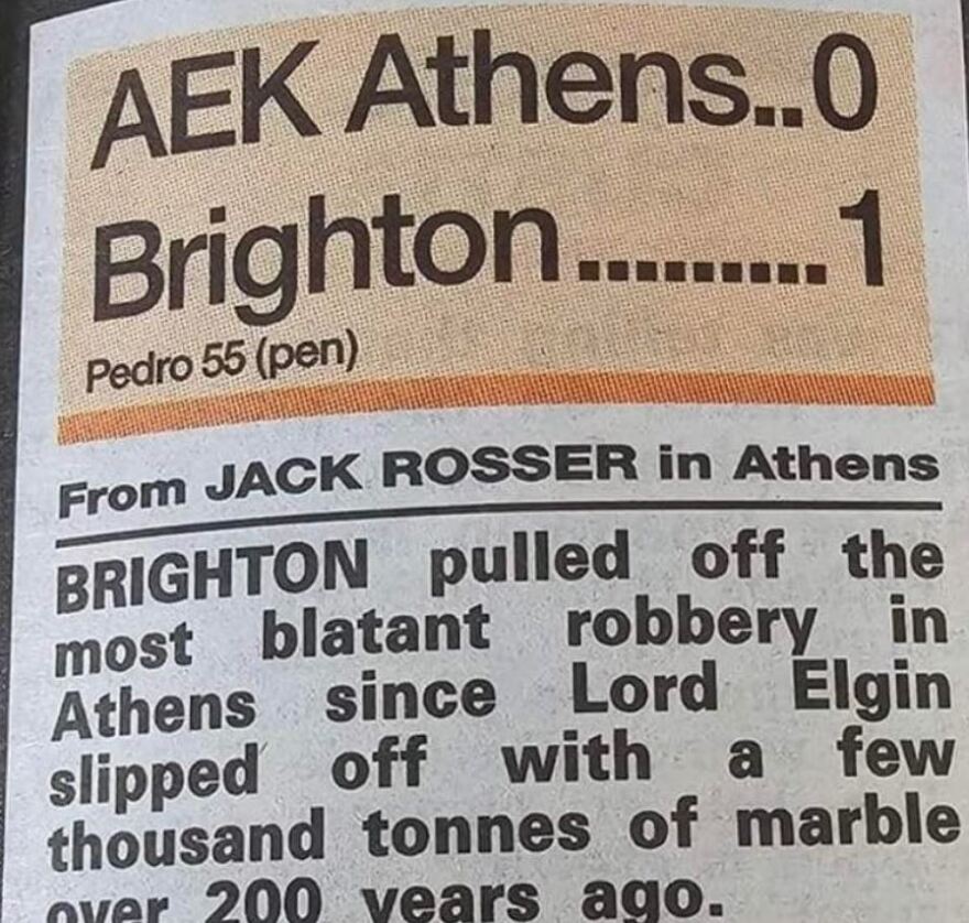 Σχόλιο της Sun για τη νίκη της Μπράιτον επί της ΑΕΚ: «Έκανε την πιο κραυγαλέα ληστεία στην Αθήνα μετά από αυτή του Έλγιν»