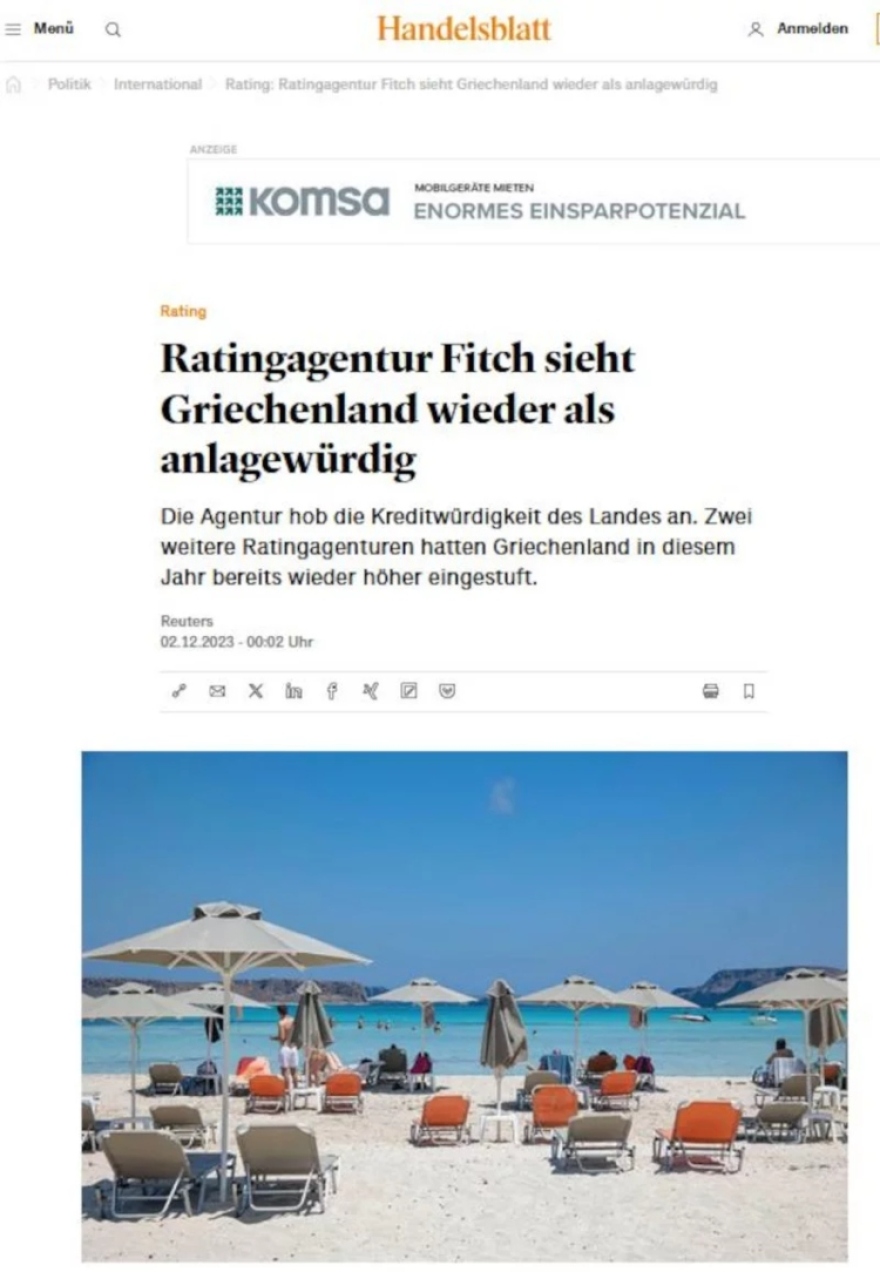 Ξένα ΜΜΕ για την αναβάθμιση της Ελλάδας από την Fitch: Ανοίγει η πόρτα δεξαμενής επενδύσεων πολλών τρισ. δολαρίων