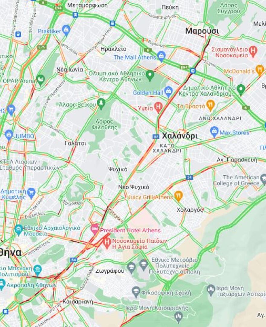 Κίνηση στους δρόμους: Μποτιλιάρισμα στην Κηφισίας και τη Βασιλίσσης Σοφίας - Δείτε τους χάρτες