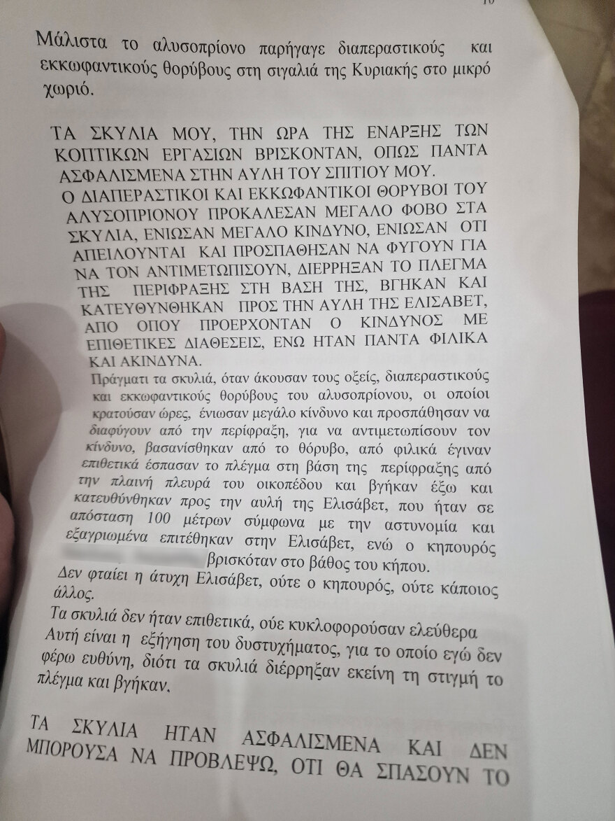Θεσσαλονίκη: Τρόμαξαν από το αλυσοπρίονο και επιτέθηκαν στην Ελισάβετ, είπε ο ιδιοκτήτης των σκυλιών που κατασπάραξαν την 50χρονη αλλά προφυλακίστηκε