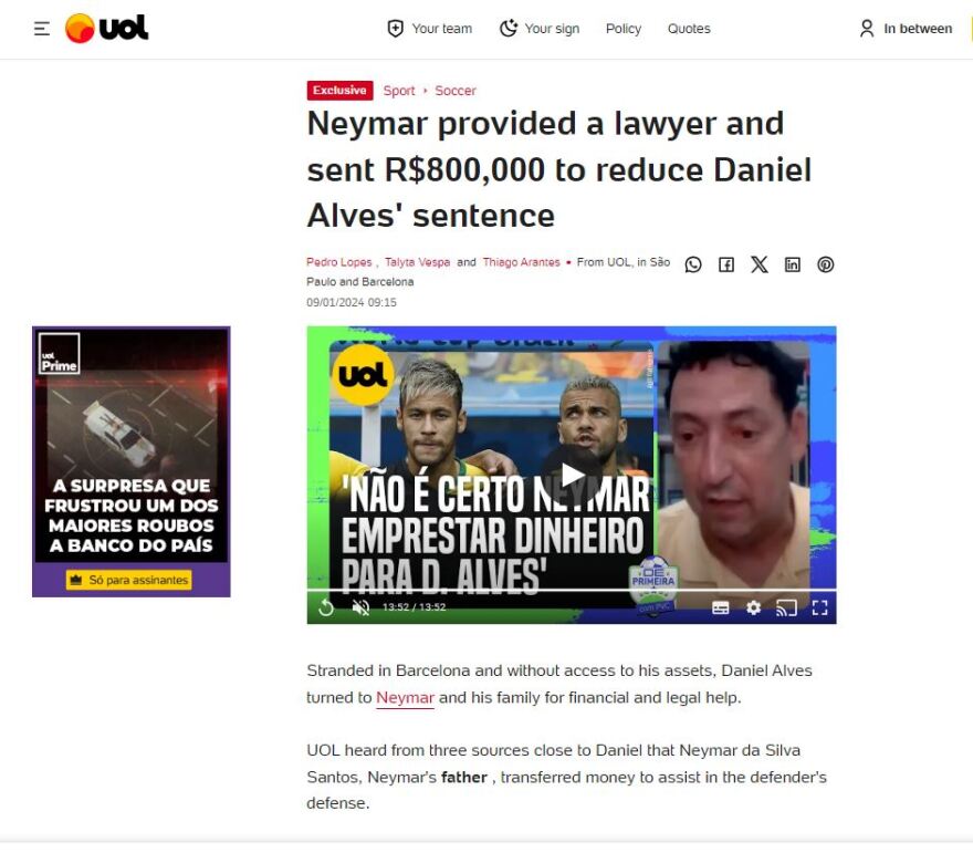 Στο πλευρό του Άλβες ο Νεϊμάρ για την υπόθεση βιασμού - Του πλήρωσε έξοδα, του βρήκε δικηγόρο και «διέσωσε» την περιουσία του