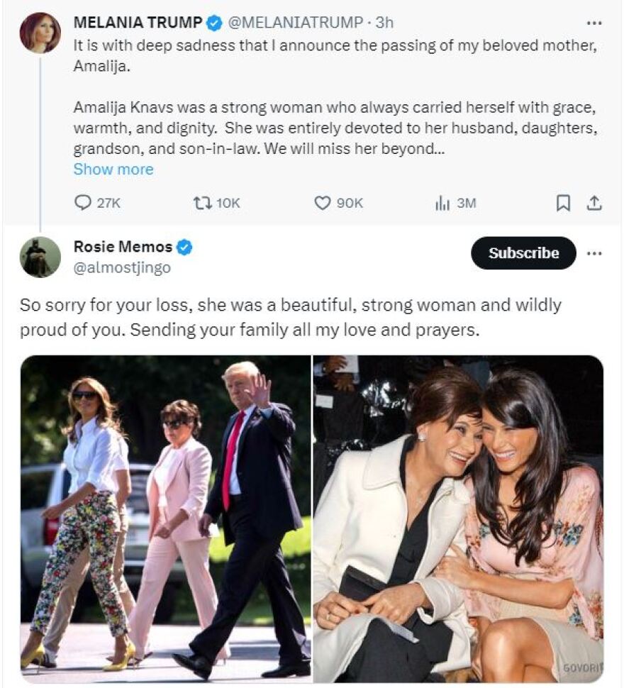 Μελάνια Τραμπ: Πέθανε η μητέρα της σε ηλικία 78 ετών