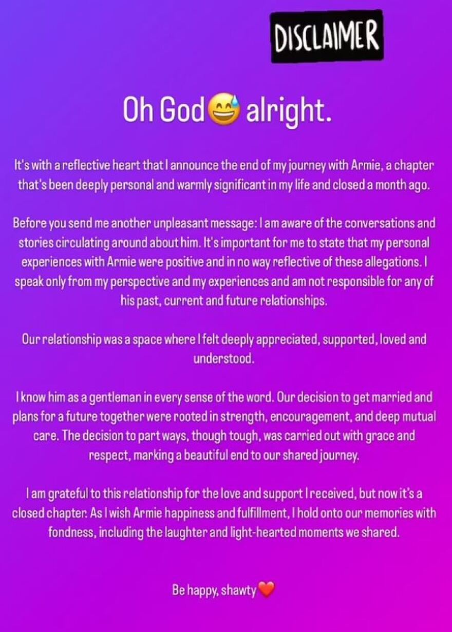 Άρμι Χάμερ: Χώρισε με τη σύντροφό του τρεις μήνες μετά τον αρραβώνα τους - Το μήνυμά της στο Instagram