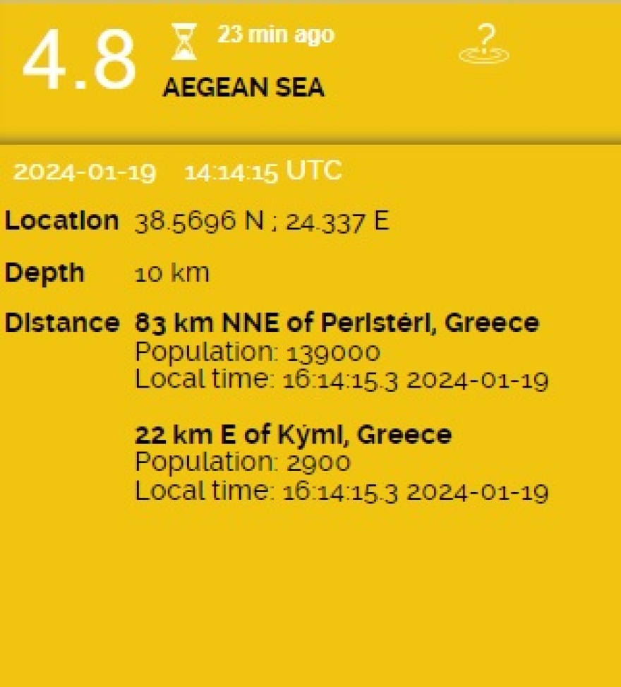 Σεισμός 4,8 Ρίχτερ ανοιχτά της Κύμης - Αισθητός στην Αττική