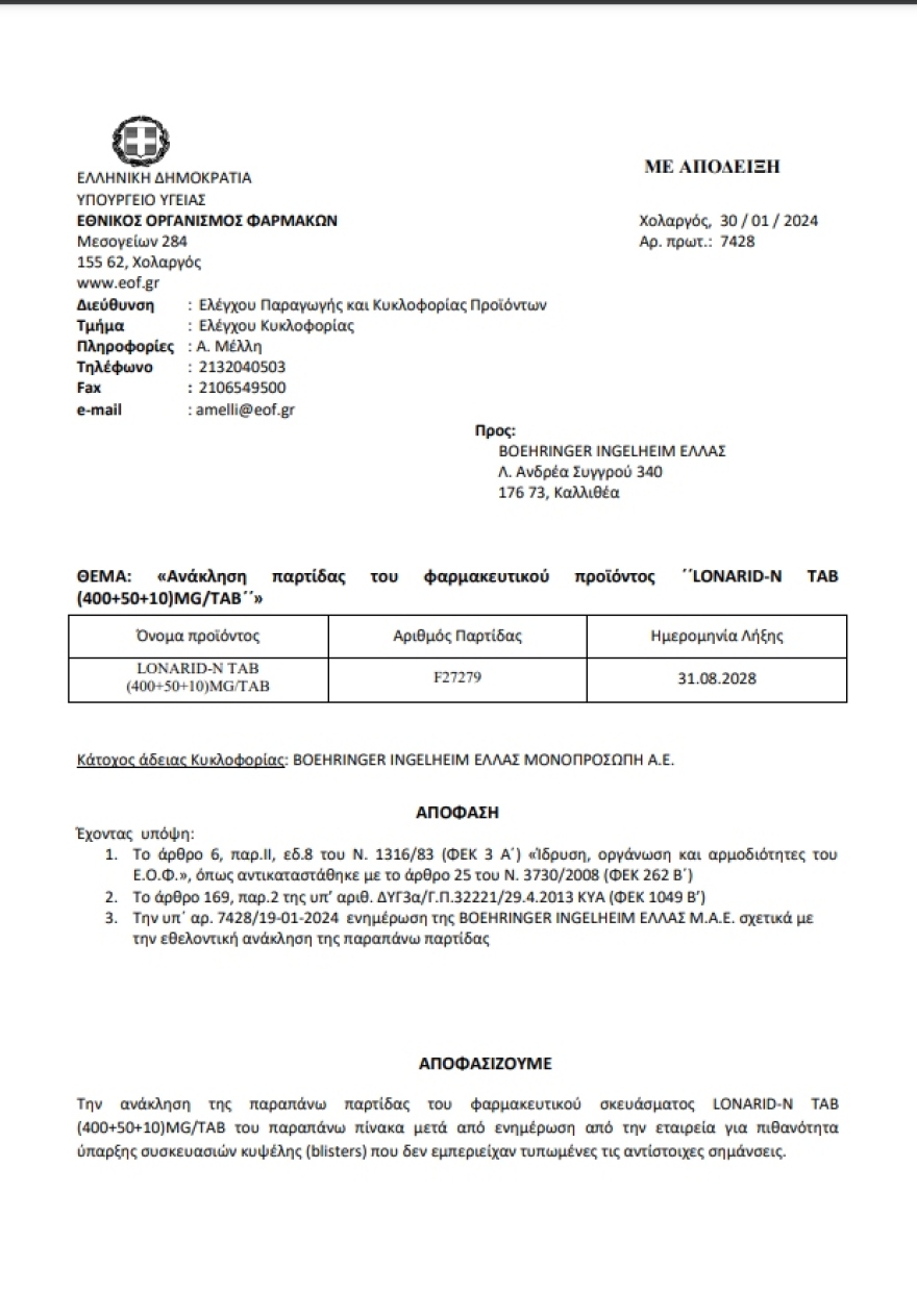 ΕΟΦ: Ανακαλείται παρτίδα του LONARID-N TAB (400+50+10)MG/TAB