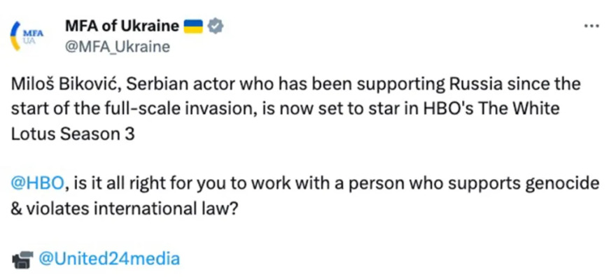 Μίλος Μπίκοβιτς: To ΗΒΟ σταματάει τη συνεργασία του με τον Σέρβο ηθοποιό μετά τις κατηγορίες από το υπουργείο Εξωτερικών της Ουκρανίας