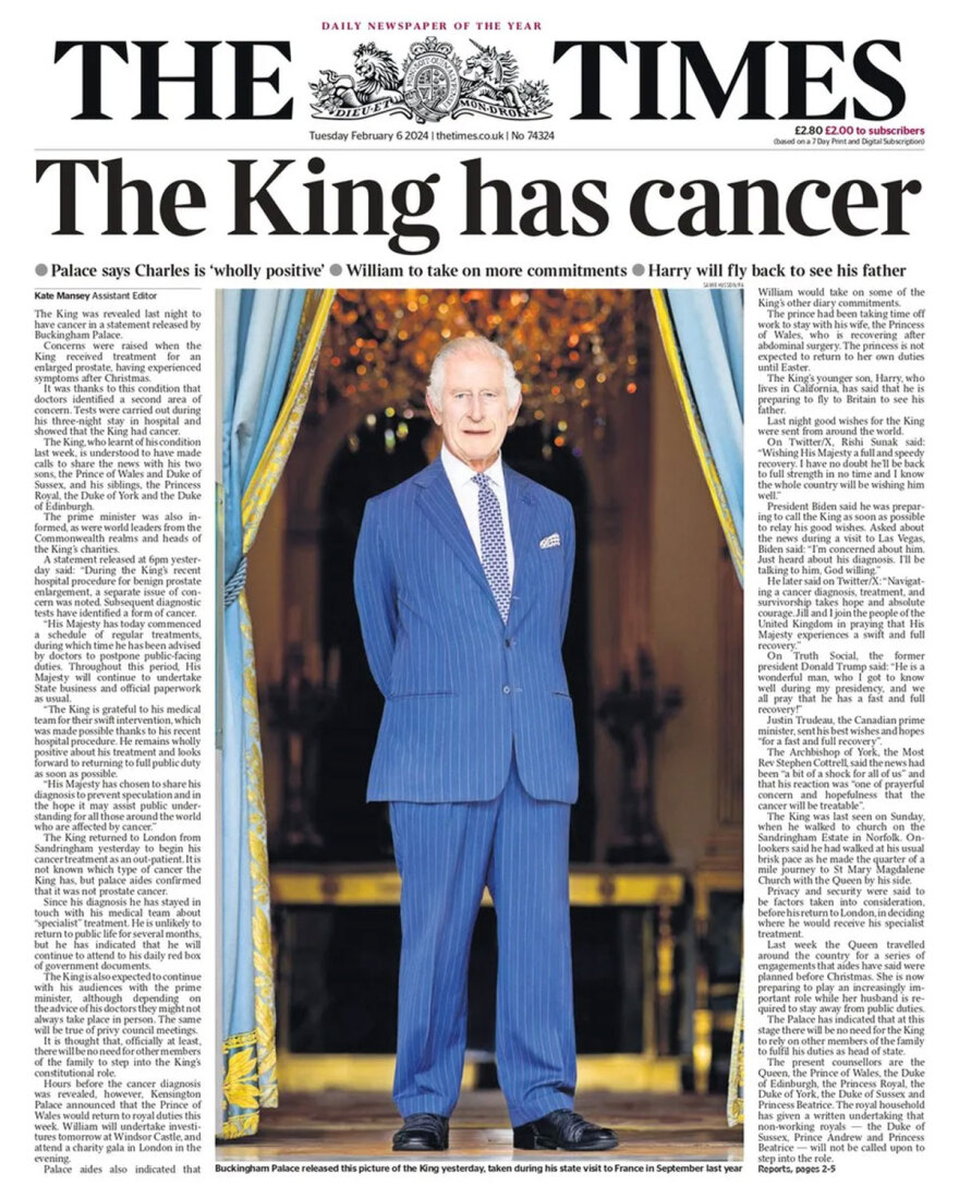 «Ο βασιλιάς έχει καρκίνο» γράφουν σήμερα τα πρωτοσέλιδα των βρετανικών εφημερίδων 