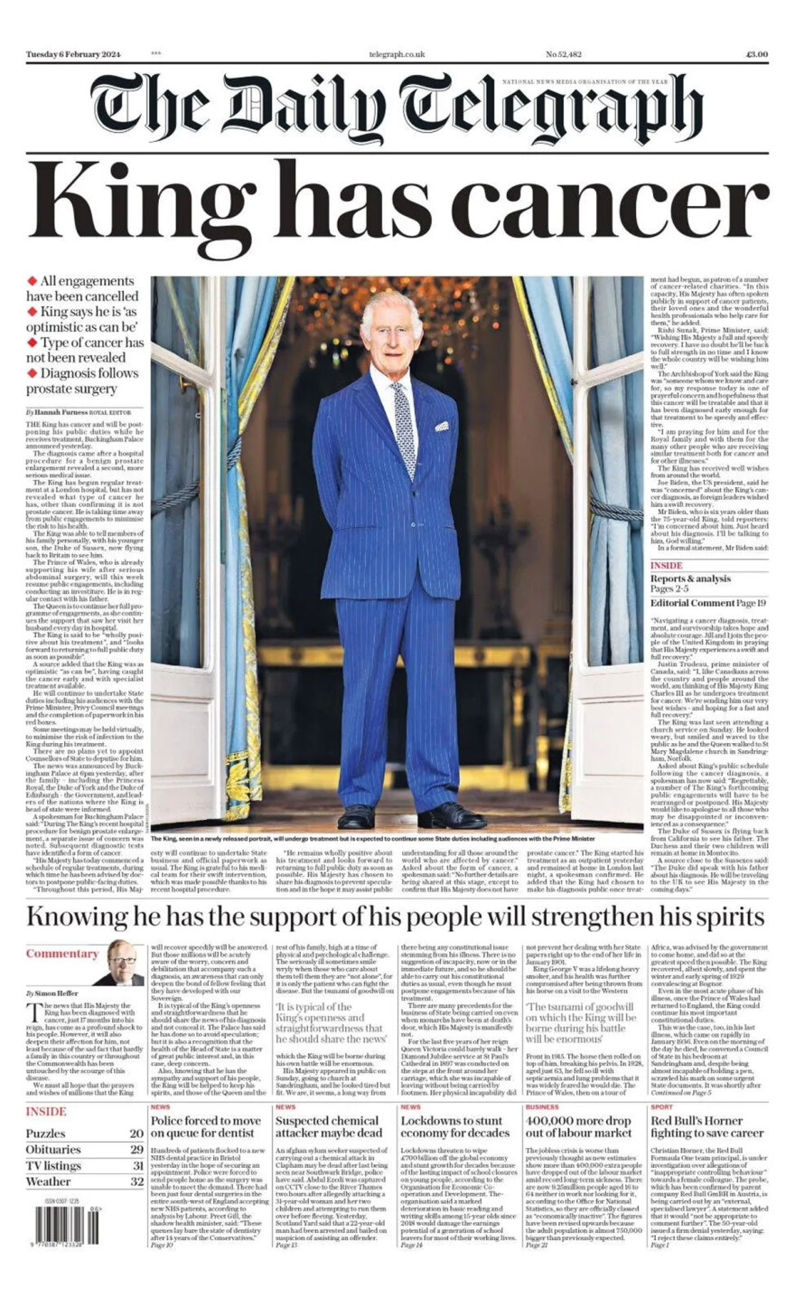 «Ο βασιλιάς έχει καρκίνο» γράφουν σήμερα τα πρωτοσέλιδα των βρετανικών εφημερίδων 