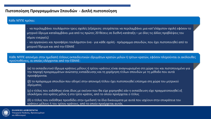 Πιερρακάκης: Από τον Σεπτέμβριο του ‘25 η λειτουργία των μη κρατικών ΑΕΙ - Με ΙΒ ή με Ελάχιστη Βάση Εισαγωγής η εγγραφή
