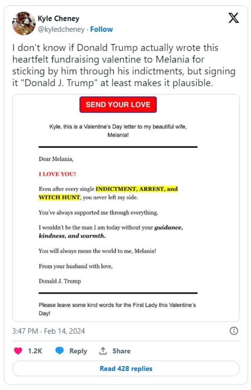 Ντόναλντ Τραμπ: To μήνυμα αγάπης προς τη Μελάνια για τον Βαλεντίνο ήταν email για τη συγκέντρωση χρημάτων