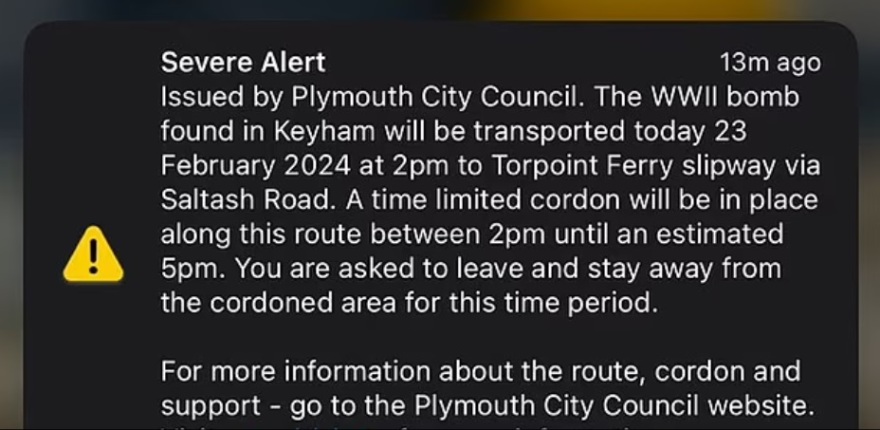 Συναγερμός στο Πλίμουθ: Εκκενώνεται μέρος της πόλης για την απομάκρυνση βόμβας του Β' Παγκοσμίου Πολέμου