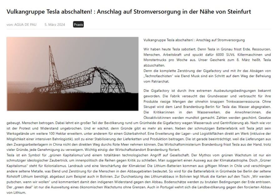 Βερολίνο: Ακροαριστερή γερμανική οργάνωση έκανε σαμποτάζ στην Tesla ως... δώρο για την Ημέρα της Γυναίκας