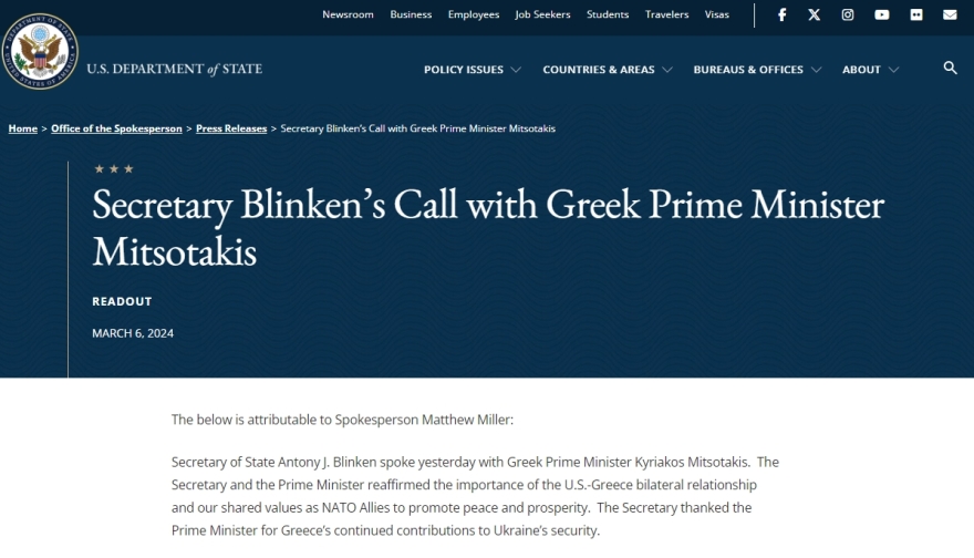 Τηλεφωνική επικοινωνία Μητσοτάκη με Μπλίνκεν: Επιβεβαίωσαν τη σημασία της διμερούς σχέσης ΗΠΑ - Ελλάδας