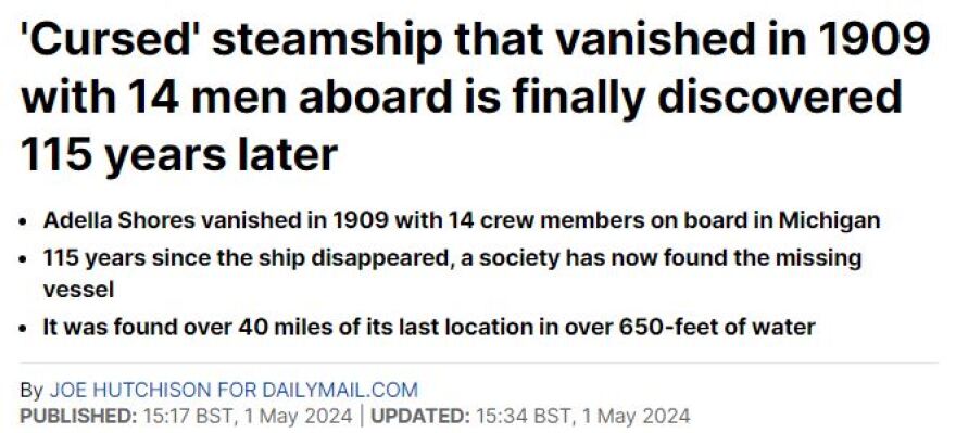 Adella Shores: Βρέθηκε το «καταραμένο» ατμόπλοιο που είχε εξαφανιστεί το 1909 - Βίντεο και φωτογραφίες