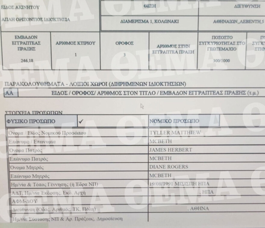 Στο όνομα του Τάιλερ το σπίτι στο Κολωνάκι, πλήρωσε με τραπεζικό έμβασμα 1,76 εκατ. ευρώ (δείτε το συμβόλαιο)