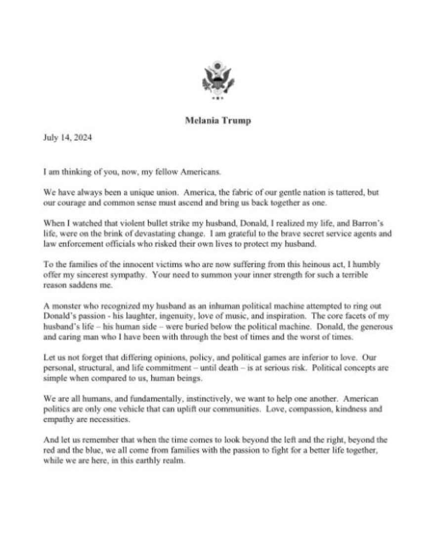 Απόπειρα δολοφονίας Τραμπ: Η πρώτη αντίδραση της Μελάνια - «Ένα τέρας», ξεσπά κατά του δράστη