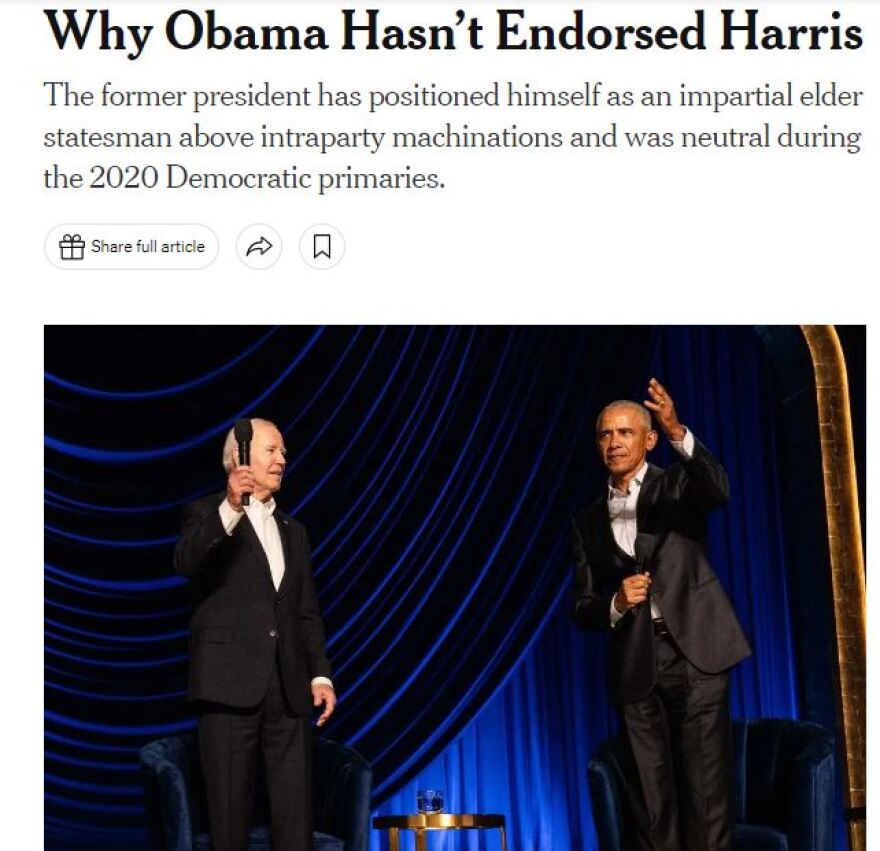 Μπαράκ Ομπάμα: Οι New York Times αναλύουν γιατί δεν έχει στηρίξει την Καμάλα Χάρις