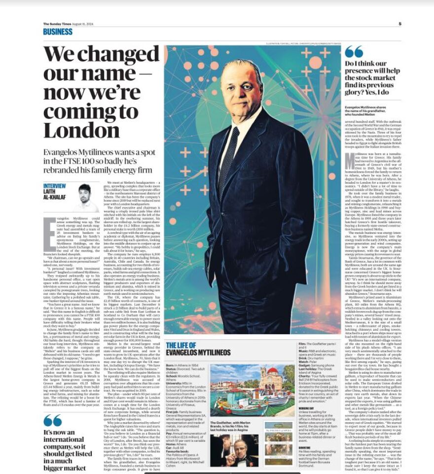 Eυάγγελος Μυτιληναίος στους Sunday Times: Η είσοδος στο Χρηματιστήριο του Λονδίνου και τα μελλοντικά σχέδια 